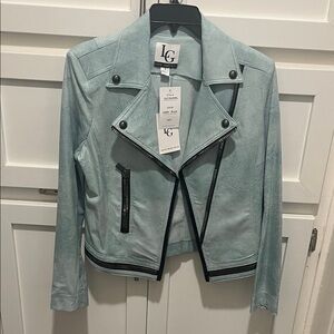 LG Women's Light Blue Leather Jacket with Black Trim! Vegan leather size 6!
